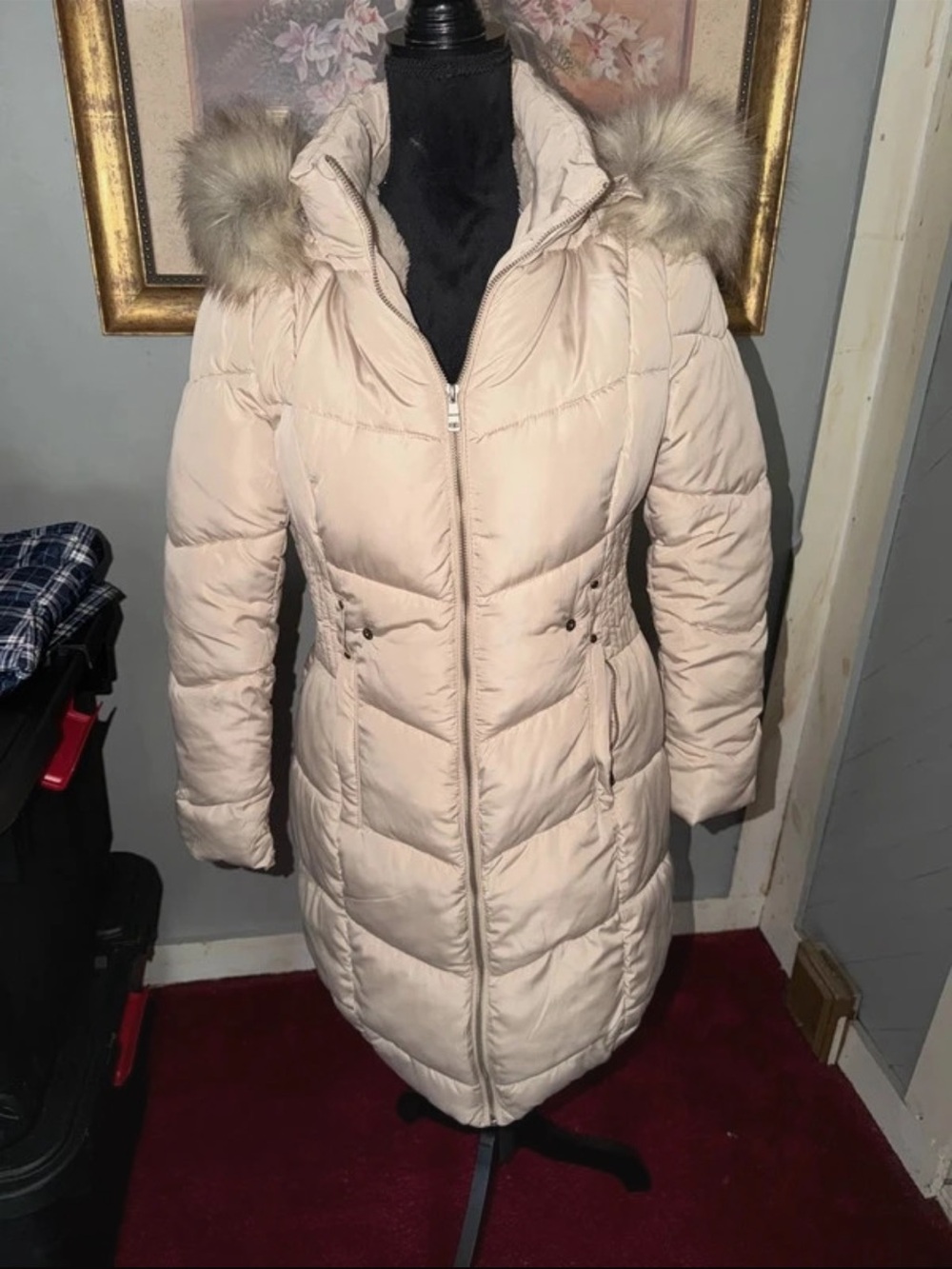 Women's Cream Long Hooded Puffer Coat with Faux-Fur Trim
